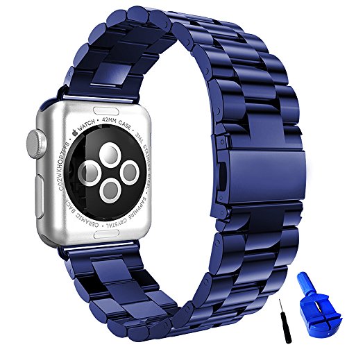 Product Cover HUANLONG Compatible with Apple Watch Band, Solid Stainless Steel Metal Replacement Watchband Bracelet with Compatible with iWatch Series 1/2/3/4(Blue 42mm)