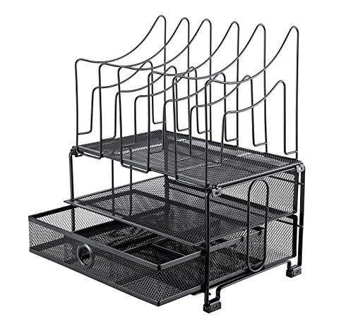 Product Cover EasyPAG Mesh Desk Organizer Stacking Double Trays with Sliding Drawer 5 Upright Sections Holder,Black
