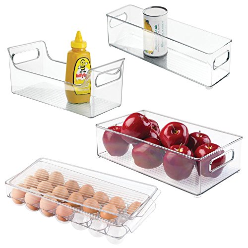 Product Cover mDesign Plastic Kitchen Pantry Cabinet, Refrigerator, Freezer Food Storage Organizer Bin - for Fruit, Drinks, Snacks, Eggs, Pasta - Combo Includes Bins, Condiment Caddy, Egg Holder - Set of 4 - Clear