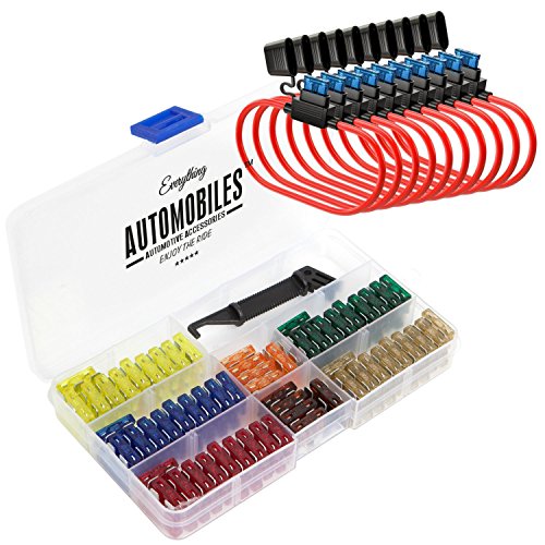 Product Cover Everything Automobiles, 120 Assorted Fuses with 10 Inline Fuse Holders - Includes Fuse Puller Tool, Great for Use on Cars