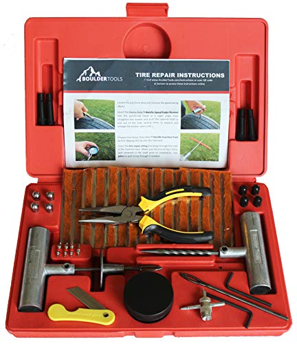 Product Cover Boulder Tools - Heavy Duty Tire Repair Kit for Car, Truck, RV, Jeep, ATV, Motorcycle, Tractor, Trailer. Flat Tire Puncture Repair Kit
