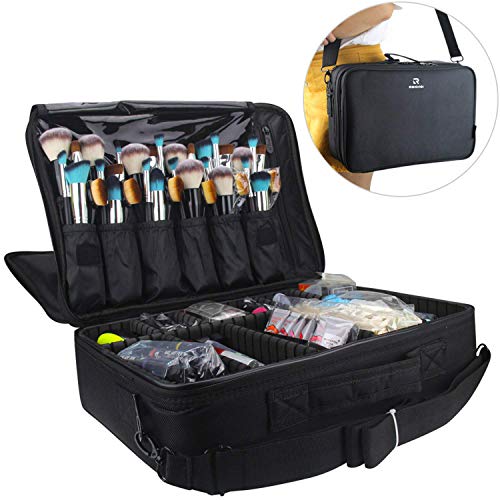 Product Cover Relavel Professional Makeup Train Case Cosmetic Bag Brush Organizer and Storage 16.5 inches Travel Make Up Artist Box 3 Layer Large Capacity with Adjustable Strap Black