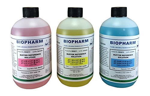 Product Cover Biopharm Buffer Calibration Solution Kit 3-Pack of 500 ml Each pH 4, 7 and 10 Calibration Standards Color Coded NIST Traceable for All pH Meters