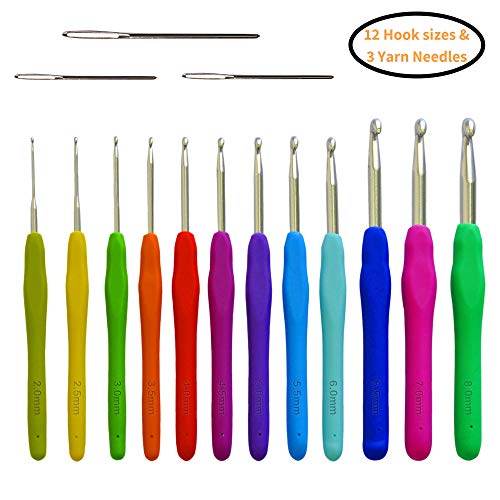 Product Cover Crochet Hooks Set 12 Ergonomic Sizes & Yarn Needles - Soft Grip & Comfortable Perfect for Arthritic Hands or Any Hand Pain - Sturdy, Smooth & Extra Long Hook Great for Any Type of Yarns - 2 mm ~ 8 mm