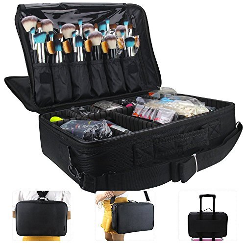 Product Cover Black : MLMSY Large Capacity Makeup Case 3 Layers Cosmetic Organizer Brush Bag Makeup Train Case Makeup Artist Box for Hair Curler Hair Straightener Brush Set and Cosmetics 16.54
