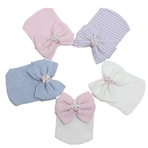 Product Cover Gellwhu 1-5pcs Sparkle Gem Newborn Baby Girl Nursery Beanie Hospital Hat With Bow (5 Colors)