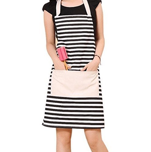 Product Cover GYBest Cotton Canvas Women's Apron with Convenient Pocket Durable Stripe Kitchen and Cooking Apron for Women/Men Professional Stripe Chef Apron for Cooking, Grill and Baking(black and white) by GYBest