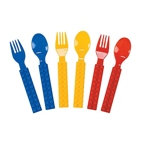 Product Cover Fun Express - Block Party Fork & Spoon Set (16pc) for Birthday - Party Supplies - Solid Tableware - Cutlery - Birthday - 16 Pieces