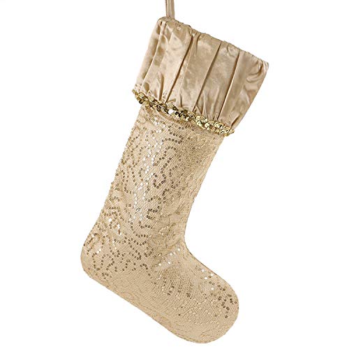 Product Cover Valery Madelyn 21 inch Luxury Gold Christmas Stockings with Sequins and Ruffle Cuff, Themed with Tree Skirt (Not Included)