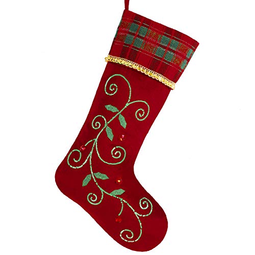 Product Cover Valery Madelyn 21 inch Traditional Holly Leaves Christmas Stockings with Red Green Tartan Cuff, Themed with Tree Skirt (Not Included)