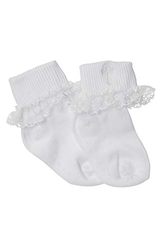 Product Cover Girls White First Communion Baptism Christening Socks with Cross Embroidery 6 to 12 months, white