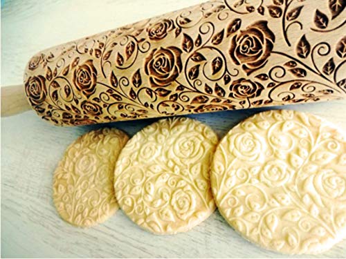 Product Cover Damascus Roses embossing rolling pin. Wooden embossing rolling pin with Rose. Roses wreath. Flower rose.