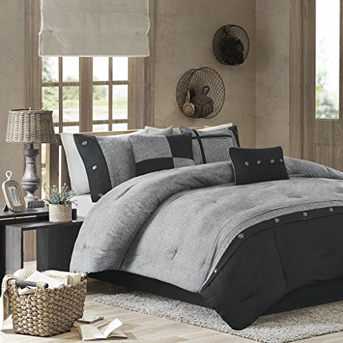 Product Cover Madison Park Boone Cal King Size Bed Comforter Set Bed in A Bag - Grey, Textured Print - 7 Pieces Bedding Sets - Micro Suede Bedroom Comforters