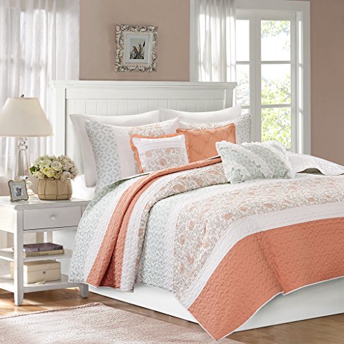 Product Cover Madison Park MP13-2800 Dawn 6 Piece Cotton Percale Quilted Coverlet Set, Coral