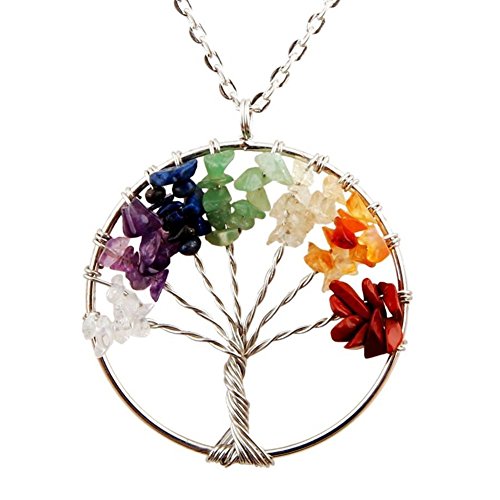 Product Cover Tree of Life Pendant for Necklace Amulet Crystal Quartz DIY 7 Chakra Meditation Gemstones Charms for Peace Family Best Friends Mothers Day Gifts