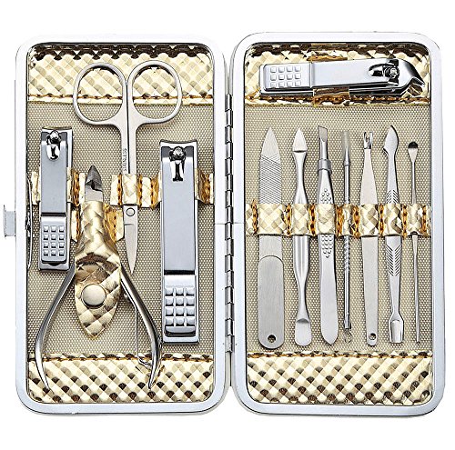 Product Cover Manicure Set Professional Nail Clippers Kit Pedicure Care Tools- Stainless Steel Women Grooming Kit 12Pcs for Travel or Home (Gold)