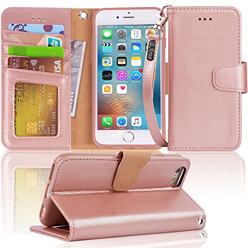 Product Cover Arae Case for iPhone 6s / iPhone 6, Premium PU Leather Wallet case [Wrist Strap] Flip Folio [Kickstand Feature] with ID&Credit Card Pockets for iPhone 6s / 6 4.7 inch (Rosegold)