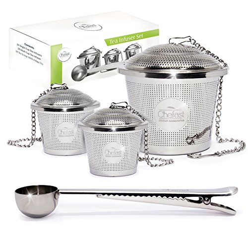 Product Cover Tea Infuser Set by Chefast (2+1 Pack) - Combo Kit of 1 Large and 2 Single Cup Infusers, Plus Metal Scoop with Clip - Reusable Stainless Steel Strainers and Steepers for Loose Leaf Teas