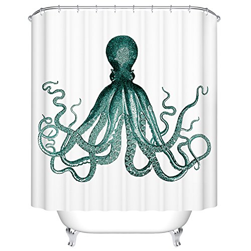Product Cover Goodbath Octopus Shower Curtain, Ocean Sea Kraken Waterproof Bathroom Bath Curtain, Standard Size 72 x 72 Inch, Teal White