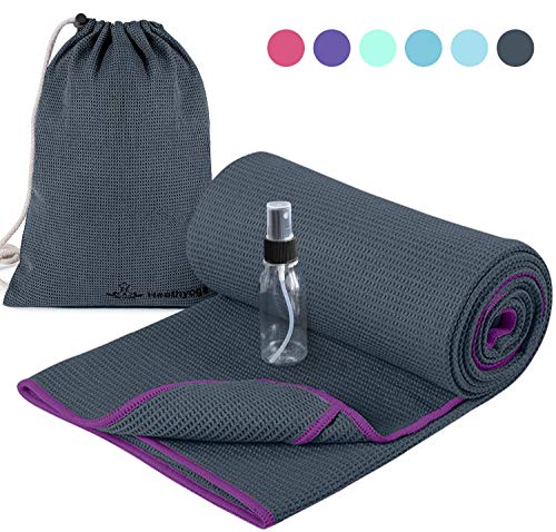 Product Cover Heathyoga Non Slip Yoga Towel, Exclusive Corner Pockets Design, Microfiber and Silicone Coating Layer, Free Carry Bag and Spray Bottle, Perfect for Hot Yoga, Bikram and Pilates