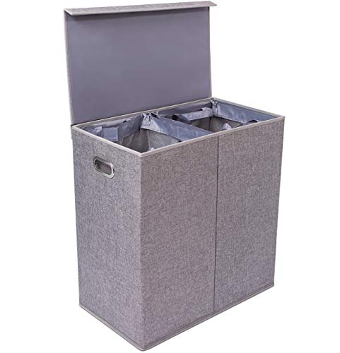 Product Cover BirdRock Home Premium Double Laundry Hamper with Lid and Removable Liners - Linen Hampers - Grey Foldable Bin - Easily Transport Clothes - Cut Out Handles - Clothes Basket