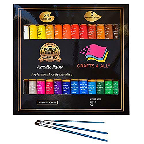 Product Cover Acrylic Paint Set 24 Colors by Crafts 4 ALL Perfect for Canvas, Wood, Ceramic, Fabric. Non Toxic & Vibrant Colors. Rich Pigments Lasting Quality for Beginners, Students & Professional Artist
