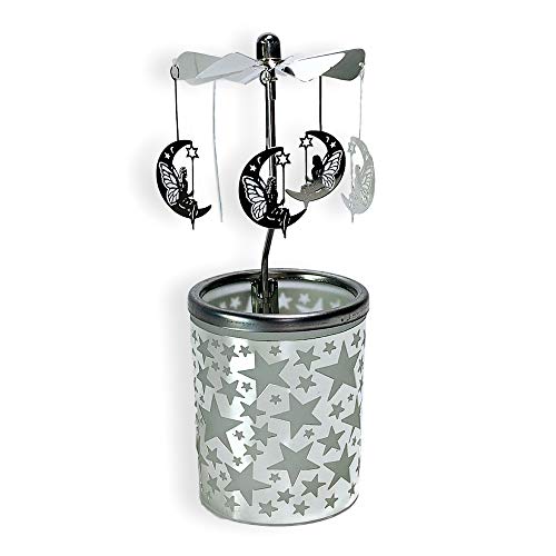 Product Cover Moon and Stars Candle Holder - Silver Metal Rotating Spinning Moon and Fairy Charms - Spinner Scandinavian Designs - 6 ¼ Inch Tall