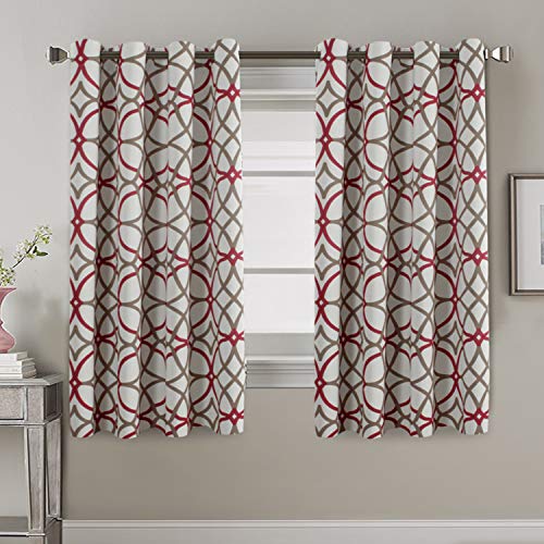Product Cover Blackout Curtains for Living Room Thermal Insulated Room Darkening Bedroom Curtains for Kids 63 Length - Geo Pattern Print Grommet Window Treatment Panels Pair (52 by 63 Inch, Taupe & Red)