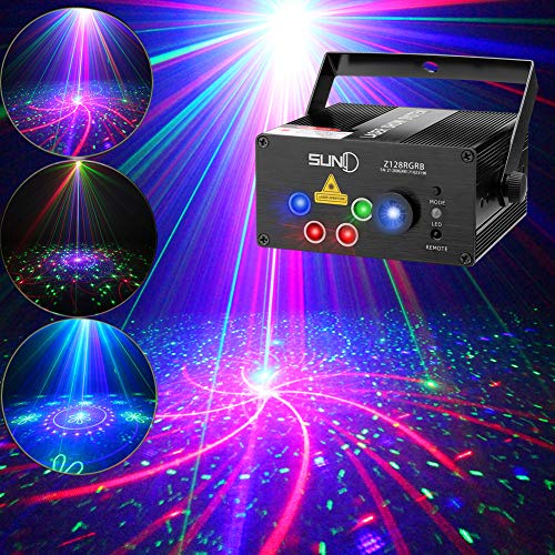 Product Cover SUNY Laser Lights Music Show DJ 128 Combinations Christmas Laser Projector Indoor 5 Lens 3 Color RGB Decoration Light Blue LED Remote Control Stage Lighting Sound Activated Party House Xmas Gifts