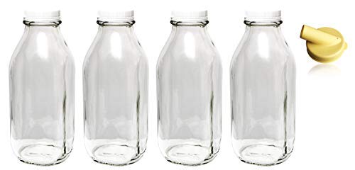 Product Cover The Dairy Shoppe Heavy Glass Milk Bottles 33.8 Oz (1 Qt) Jugs with Extra Lids & New Pour Spout! (4, 33.8 oz)