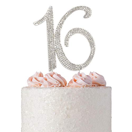 Product Cover Sweet 16 Cake Topper | Premium Sparkly Crystal Diamond Rhinestones | 16th Birthday Party Decoration Ideas | Quality Metal Alloy | Perfect Keepsake (16 Silver)