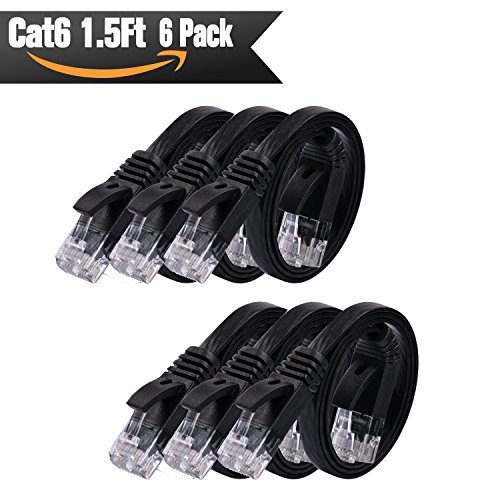 Product Cover Cat6 Ethernet Cable Flat 1.5ft - 6 PACK Black (At a Cat5e Price but Higher Bandwidth) Internet Network Cable - Cat 6 Ethernet Patch Cable Short - Computer Cable With Snagless RJ45 Connectors