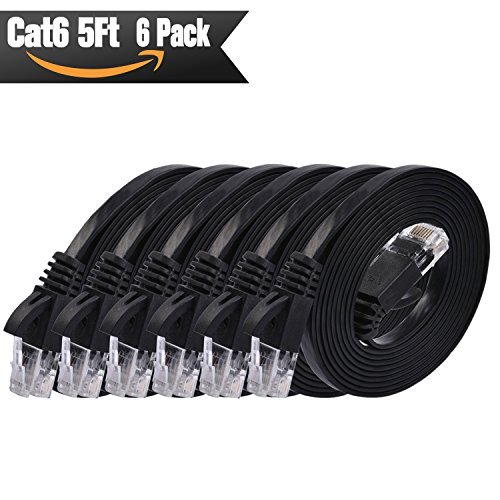 Product Cover Cat6 Ethernet Cable Flat 5ft - 6 PACK Black (At a Cat5e Price but Higher Bandwidth) Internet Network Cable - Cat 6 Ethernet Patch Cable Short - Computer Cable With Snagless RJ45 Connectors