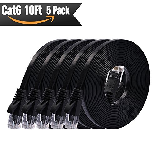 Product Cover Cat6 Ethernet Cable Flat 10ft - 5 PACK Black (At a Cat5e Price but Higher Bandwidth) Internet Network Cable - Cat 6 Ethernet Patch Cable Short - Computer Cable With Snagless RJ45 Connectors