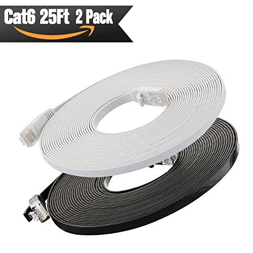 Product Cover Cat6 Ethernet Cable Flat 25ft (Black and White )(At a Cat5e Price but Higher Bandwidth) Internet Network Cable - Cat 6 Ethernet Patch Cable Short - Computer Cable With Snagless RJ45 Connectors