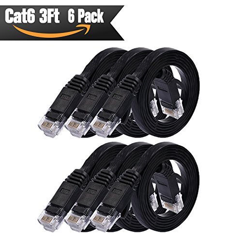 Product Cover Cat6 Ethernet Cable Flat 3ft - 6 PACK Black (At a Cat5e Price but Higher Bandwidth) Internet Network Cable - Cat 6 Ethernet Patch Cable Short - Computer Cable With Snagless RJ45 Connectors