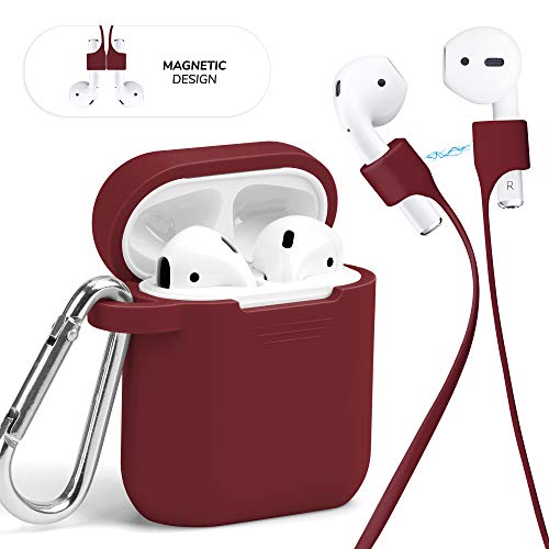 Product Cover GMYLE AirPod Case Accessories Set, Protective Silicone Cover Skin with Keychain, Magnetic Strap Kit for Airpods Wireless Charging Bluetooth Earbuds Case, Compatible with Apple AirPods 1 & 2, Burgundy