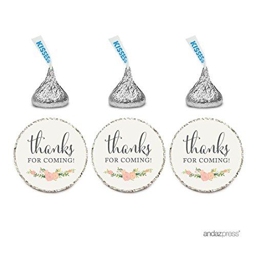 Product Cover Andaz Press Chocolate Drop Labels Stickers, Thanks for Coming!, Floral Roses, 216-Pack, for Wedding Birthday Party Baby Bridal Shower Hershey's Kisses Party Favors Decor Envelope Seals