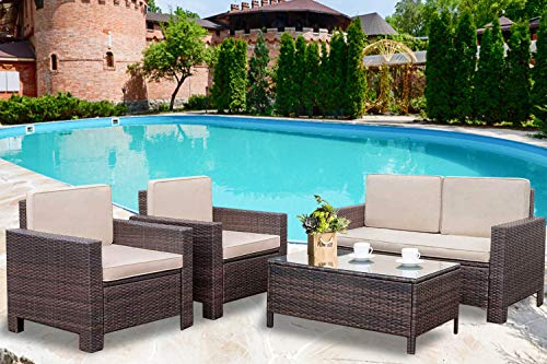 Product Cover Patio Sofa Set 4pcs Outdoor Furniture Set PE Rattan Wicker Cushion Outdoor Garden Sofa Furniture with Coffee Table Bistro Sets for Yard