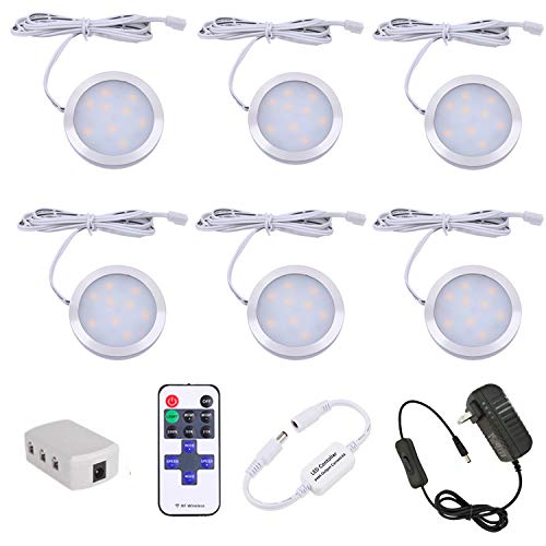 Product Cover AIBOO Dimmable LED Under Cabinet Lighting, Counter Showcase Kitchen Lighting Fixtures with 12V Plug in adapter and Dimmable Wireless Remote Control, 6 Ultra Slim Puck Lights Kit (Warm White)
