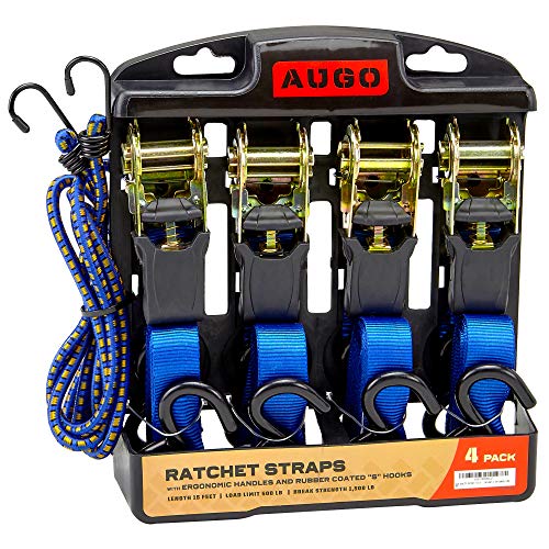 Product Cover Ratchet Tie Down Straps - 4 Pk - 15 Ft- 500 Lbs Load Cap- 1500 Lb Break Strength- Cambuckle Alternative- Cargo Straps for Moving Appliances, Lawn Equipment, Motorcycle - Includes 2 Bungee Cord
