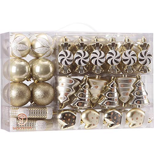 Product Cover Sea Team 77-Pack Assorted Shatterproof Christmas Balls Christmas Ornaments Set Decorative Baubles Pendants with Reusable Hand-held Gift Package for Xmas Tree (Gold)