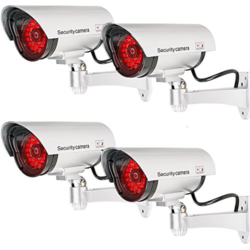 Product Cover WALI Bullet Dummy Fake Surveillance Security CCTV Dome Camera Indoor Outdoor with 30 Illuminating LED Light and Security Alert Sticker Decals (S30-4), 4 Packs, Silver