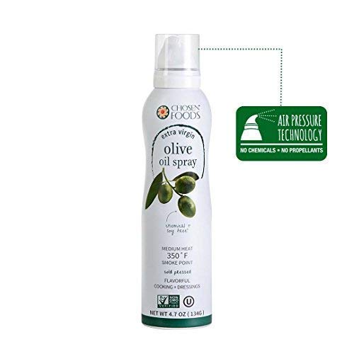 Product Cover Chosen Foods Extra Virgin Olive Oil Spray 4.7 oz., Non-GMO, Propellant-Free, Air Pressure Only for Non-Stick Cooking and Healthy Recipes