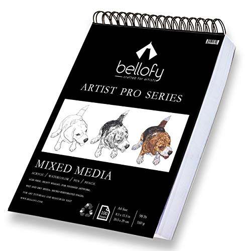 Product Cover Bellofy 100-Sheet Sketchpad Artist Pro, Watercolor, Acrylic Art Pad for Sketching, Ink Sketch Book, Coloring Notebook - 98 Ib/160 g/m2-9 x 12 in Multi-Media Spiral Notebook, Drawing Paper, Drawing Pad