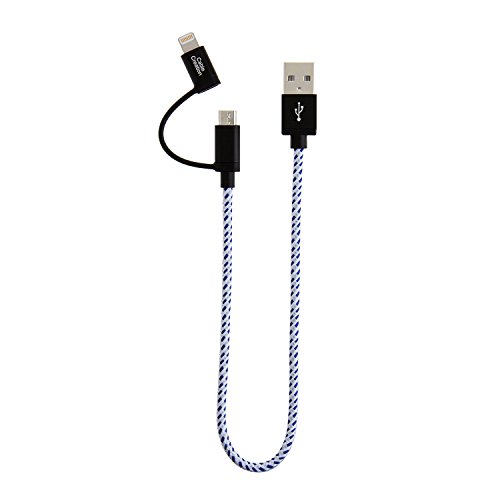 Product Cover [Apple MFi Certified] CableCreation 2-in-1 Lightning to USB Data Sync Charge Cable, Lightning Micro USB 2-in-1 Cable for iPhone 6 6S 6Plus iPad Air mini Samsung & More, Blue and White,0.25M/0.8FT.