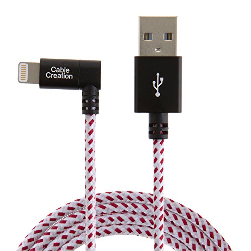 Product Cover CableCreation Angled Lightning to USB Cable, 4FT Apple USB Data Sync Charge Cable for iPhone 6S/6, iPhone 5/5S/5C, Metal Plug & Cotton Jacket, Red & White Color