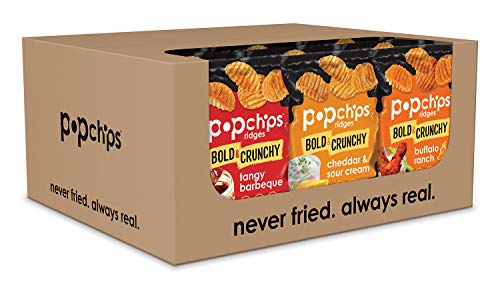 Product Cover Popchips Ridges Potato Chips Variety Pack Single Serve 0.8 oz Bags (Pack of 24), 8 Tangy BBQ, 8 Cheddar & Sour Cream, 8 Buffalo Ranch