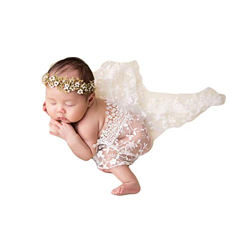Product Cover Vemonllas Luxury Newborn Boy Girl Baby Photography Props Wrap Lace Yarn Cloth Blanket (White), Medium
