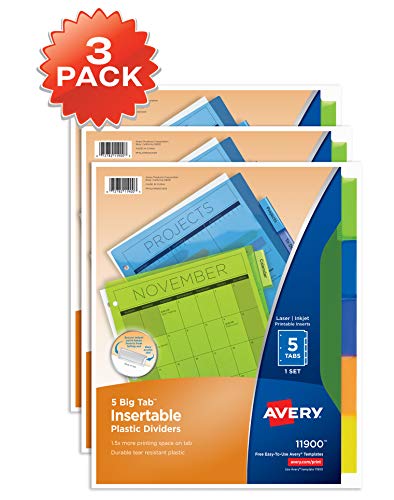 Product Cover Avery 5-Tab Plastic Binder Dividers, Insertable Multicolor Big Tabs, 3 Sets (11900)